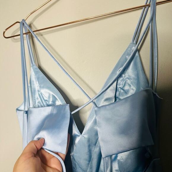 Ieena Mac Duggal Satin Strappy- Back High Slit Powder Blue Lace Up Back Gown 8 - Picture 10 of 14